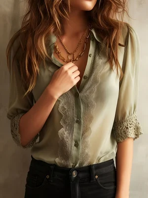 

2026 Spring New Collection: Bean Green Satin Lace Shirt with Turn-Down Collar, Single-Breasted, Mid-Sleeve, Lace Trim Top, Plus Size Women's Commuter Casual Wear