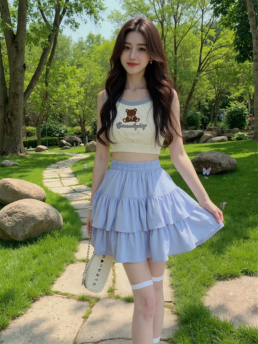 Minifaldas con volantes para mujer, faldas de algodón con retales, malla plisada con volantes, cintura en capas, versátiles, cómodas, básicas femeninas dulces