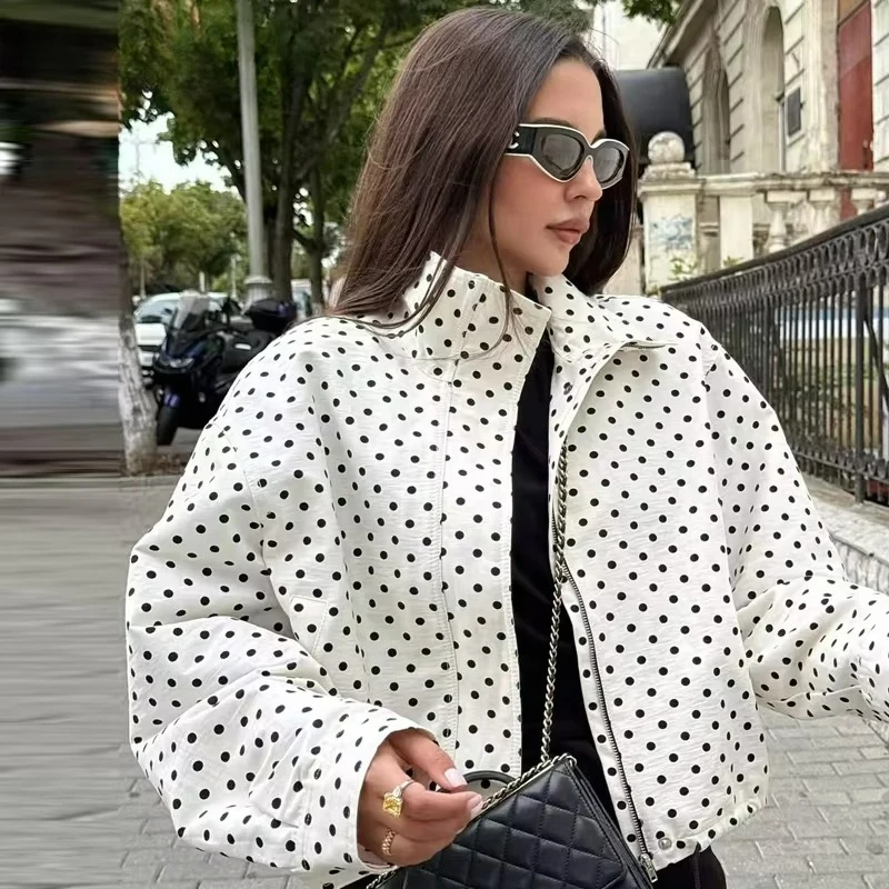 Polka Dot Bomber Jacket Women's Jackets Demi-Season Oversized Long Sleeve Top Outerwear Aviator Plus Size Zip Up Crop Coats