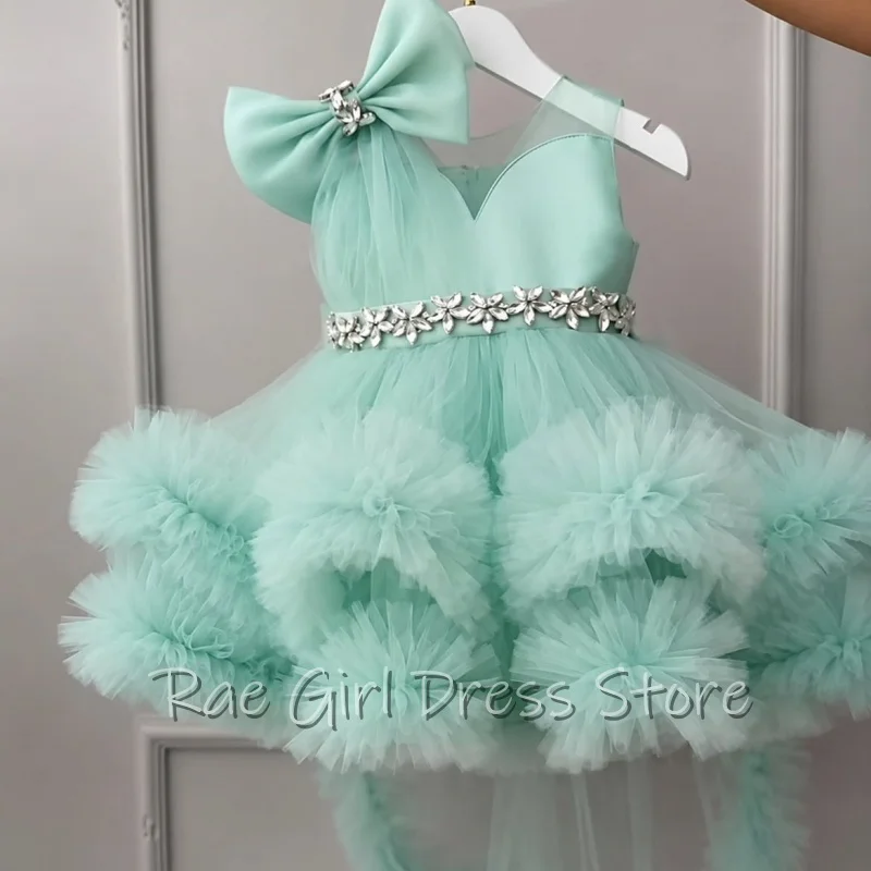 Tulle Flower Girl Dress One Shoulder Big Bow Bow Crystal Flower Belt Layered  For Baby Shower Birthday Pageant Customized