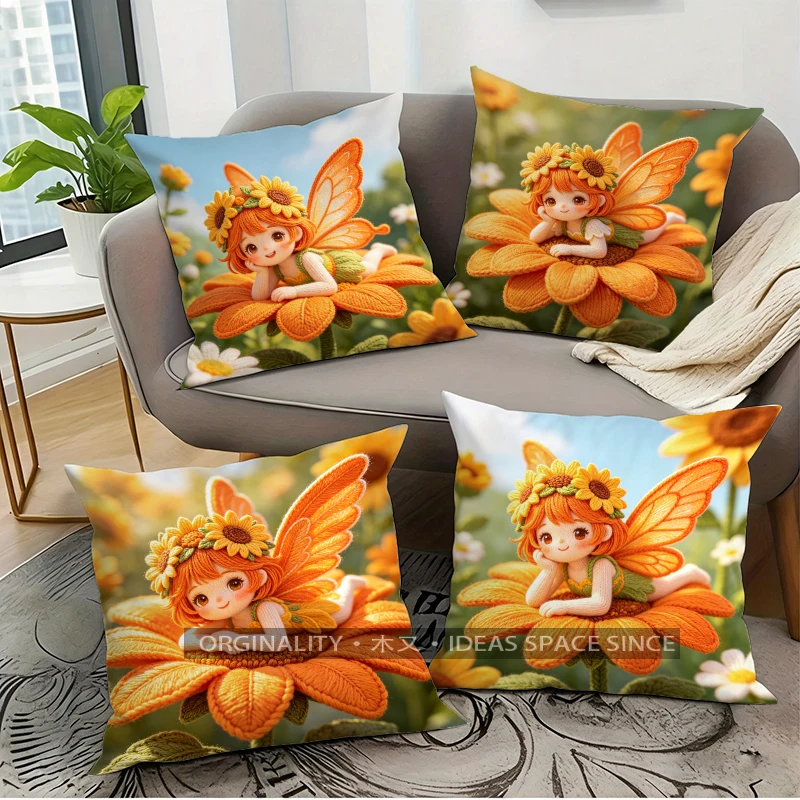 Sunflower Fairy Throw Cute Wing Elf Cushion Cases Pattern Cushion Cover Suitable For Sofa Bedroom Car Pillow Cover