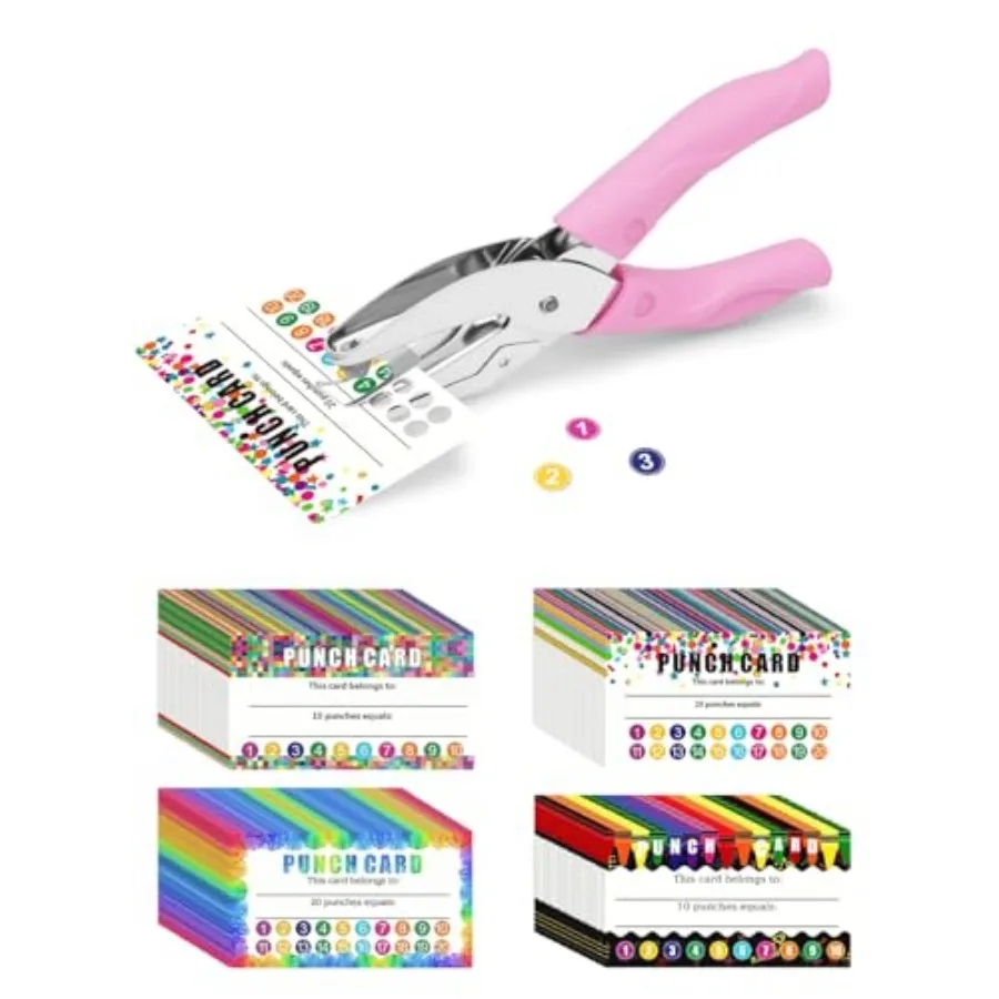 

200 Pieces Punch Cards for Classroom with Hole Puncher, Incentive Loyalty Reward Card with Handheld Single Punch Kit to Behavio