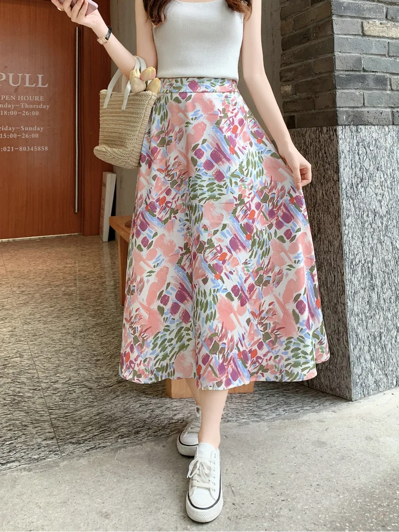 

Satin Summer Midi Skirts For Women 2024 Pink A Line Elegant Flower Satin Skirt Imitation Silk Women Printed Floral Skirt Summer