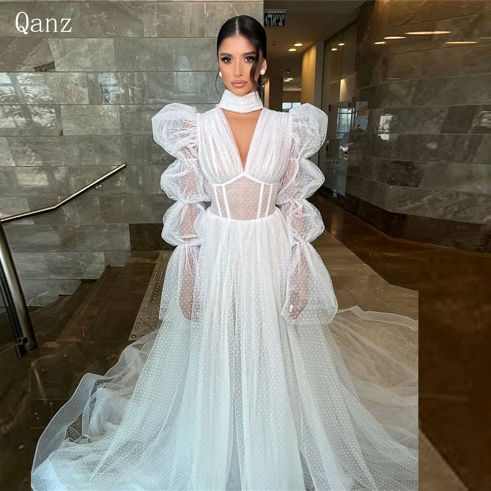 

Qanz Boho Tulle Wedding Dresses Puff Sleeves Long A Line Illusion Bridal Gowns V Neck Corset Back Robes De Mariage 2024 élégante