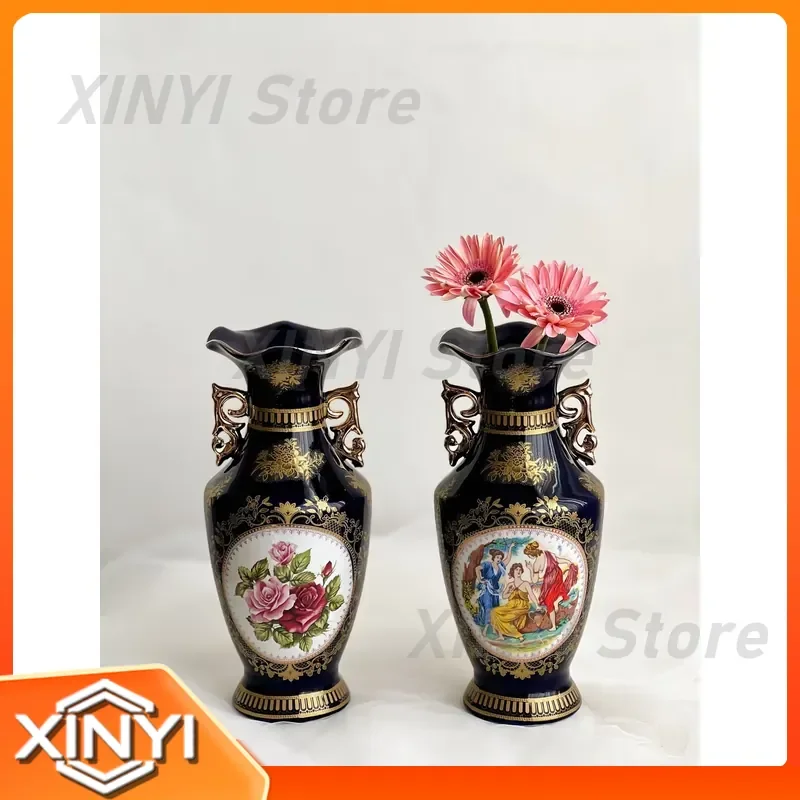 Blue Glazed Retro European Vase for Home Decor Living Room Bedroom Office Figure Flower Ceramic Vase for Modern Farmhouse