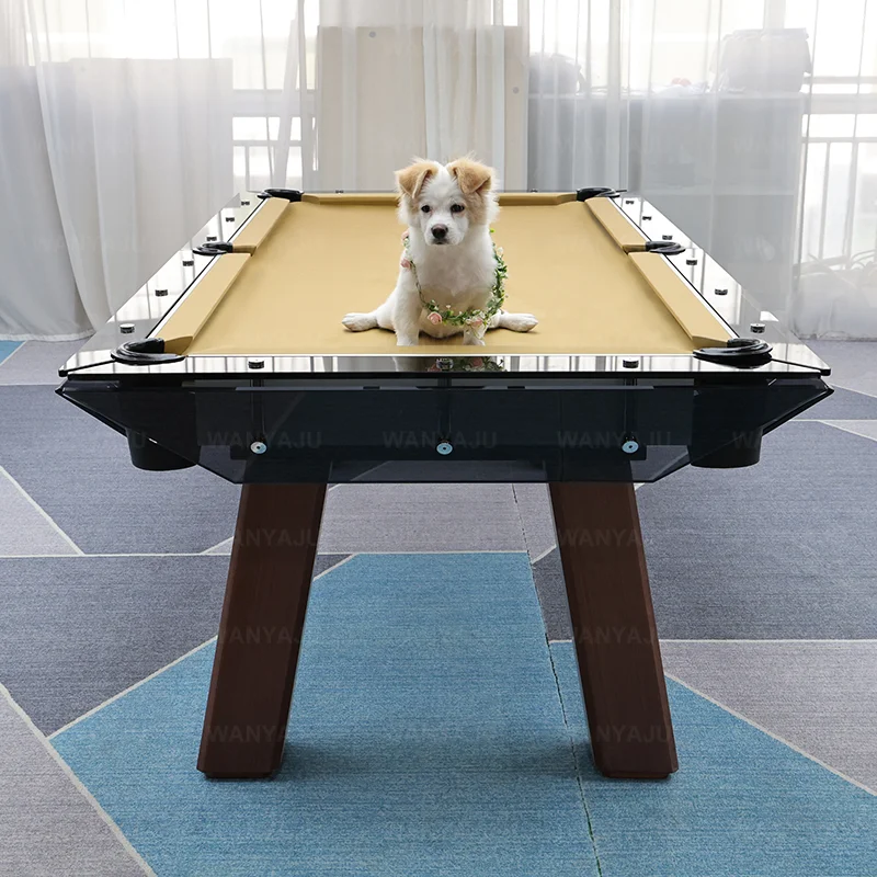 Modern Style Convertible Dining Black Tempered Glass Billiard Tables Modern 8ft Pool Table with Walnut Legs and Glass Top Frame