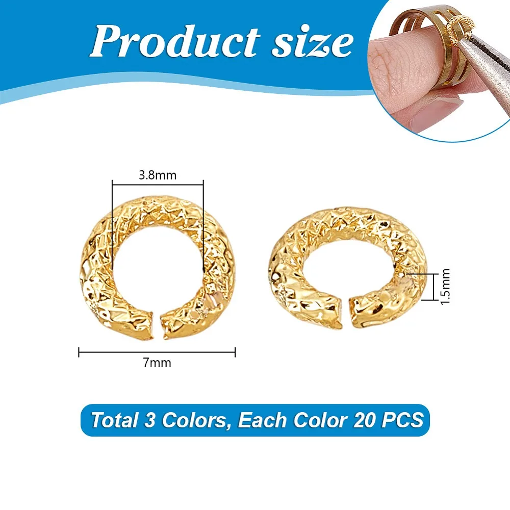 60pcs 3 Colors Textured Open Jump Rings 7mm Brass Jump Rings 15 Gauge O Ring Connectors Linking Ring for Earring Bracelet