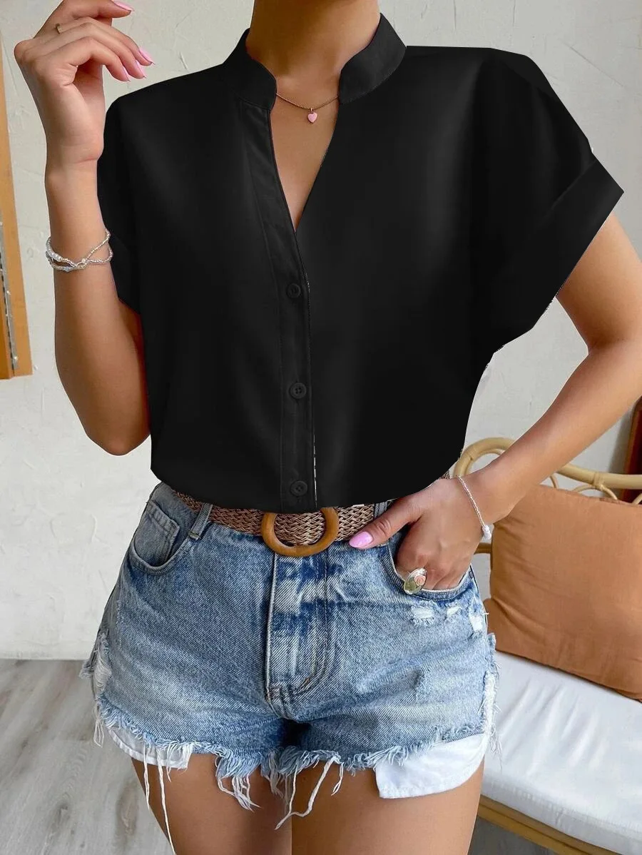 Sommer Elegante Kurze Sleene Feste Bluse Frauen Büro Casual V-ausschnitt Taste Shirts Top Weiße Dünne Blusen