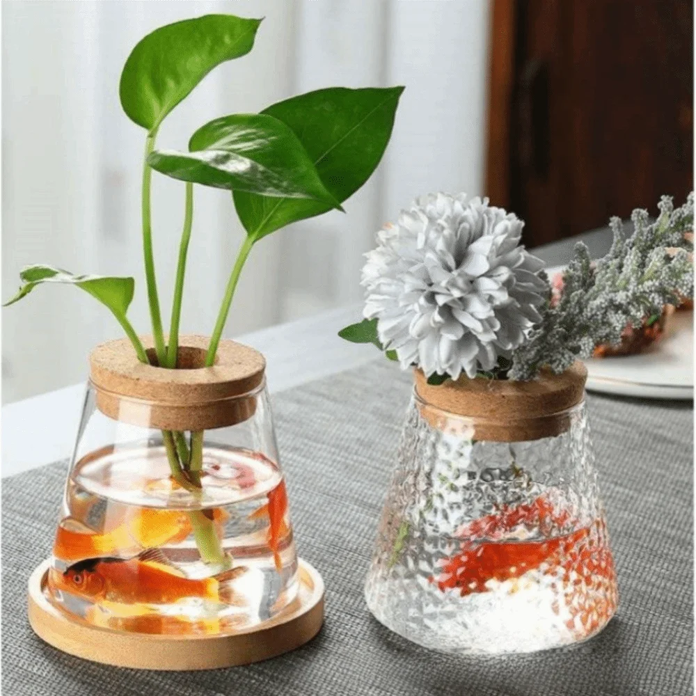 Glass Material Glass Planter Wooden Base Thick Water Cultivation Vase Modern Tabletop Design Flower Arrangement Vase