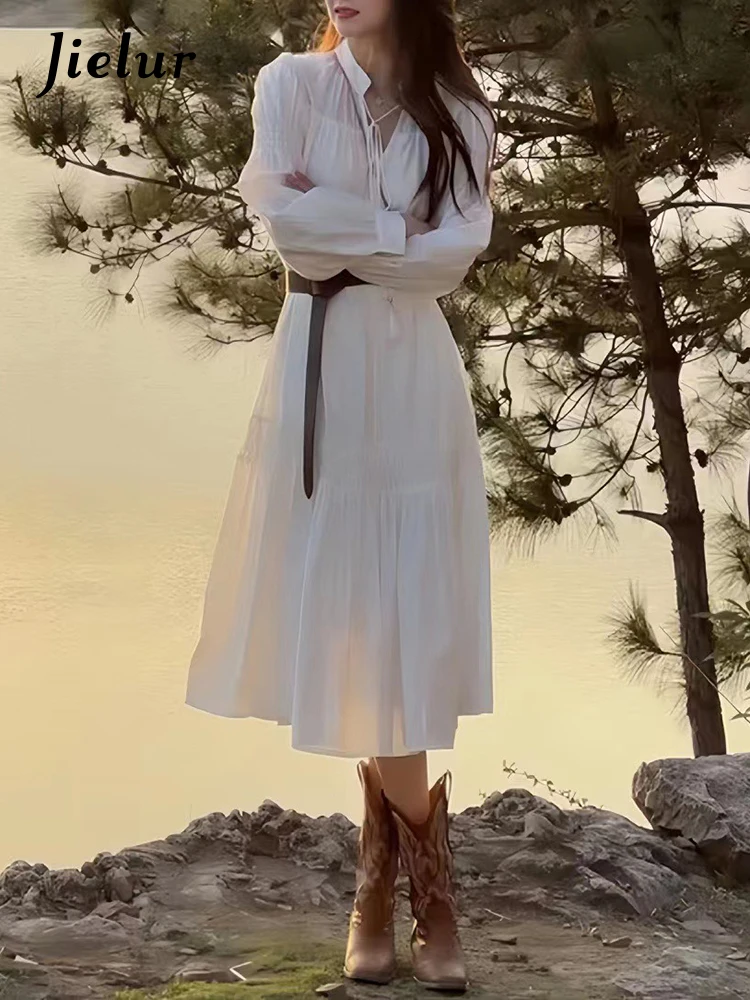 Jielur 화이트 레이스업 러플 벨트 여성 드레스, 심플한 오피스 레이디 셔츠 드레스, 단색 캐주얼 여성 휴가 드레스, 패션
