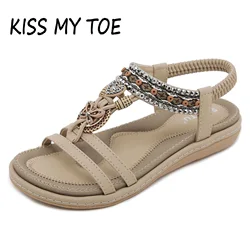 Sandalias romanas de tacón plano para mujer, zapatos informales de PU antideslizantes con cuentas de diamantes ostentosos, estilo bohemio, para playa, verano, 2024