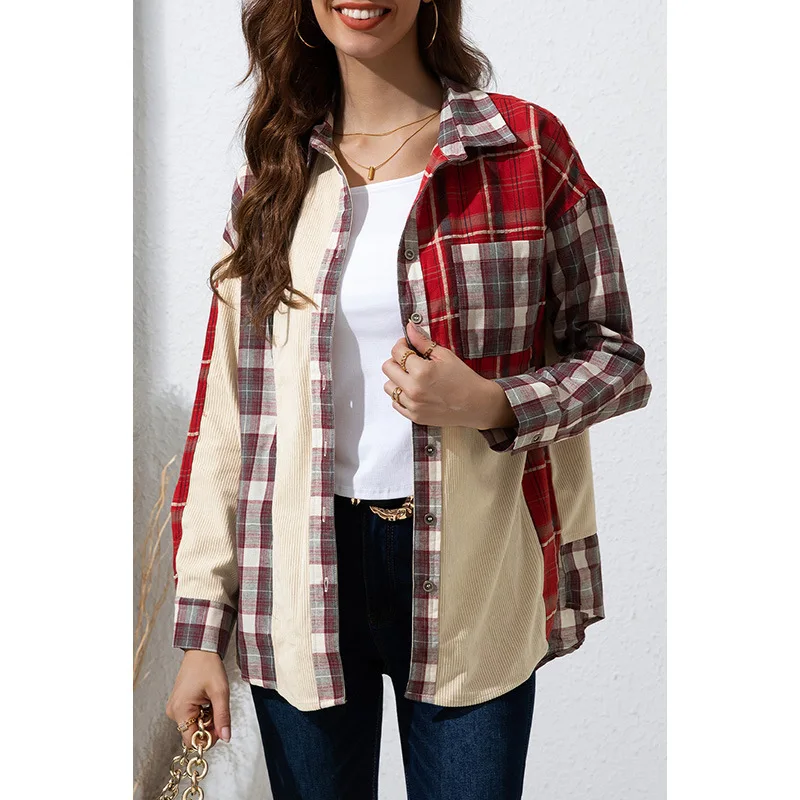 

Autumn New Style Turn-Down Collar Long Sleeve Jacket Women, European and American Fashion Trend, Plaid Color-Block Coat for