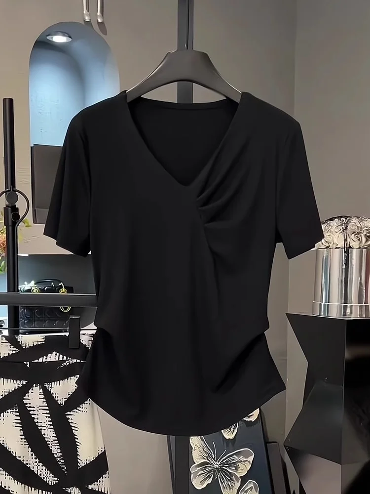 

Korean Sle Casual V-Ne ort Sve T-irt Women's Summer plus Size Bla Slimming Top Irregular Design Anti-Aging