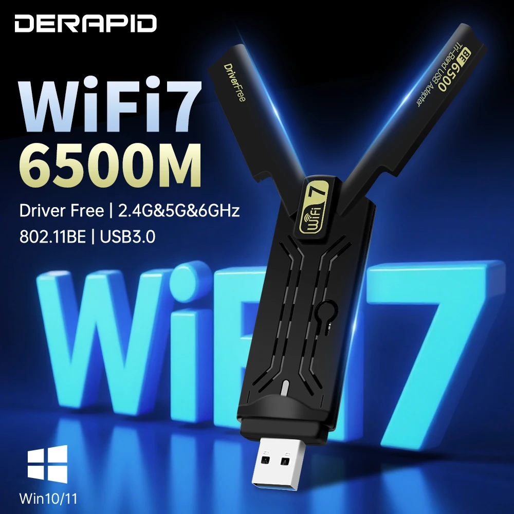 

Tri-Band WiFi 7 USB Adapter BE6500 6500Mbps Wireless Network Card USB3.0 2.4G/5G/6GHz 802.11BE Free-Driver for Win10/11 PC