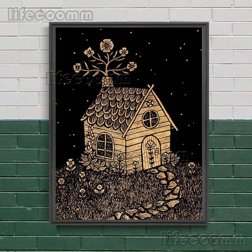 Baba Yaga Witch House Abstract Vintage Wall Art Canvas Painting Slavic Folklore Forest Witchcraft Cabin Art Poster Print Decor