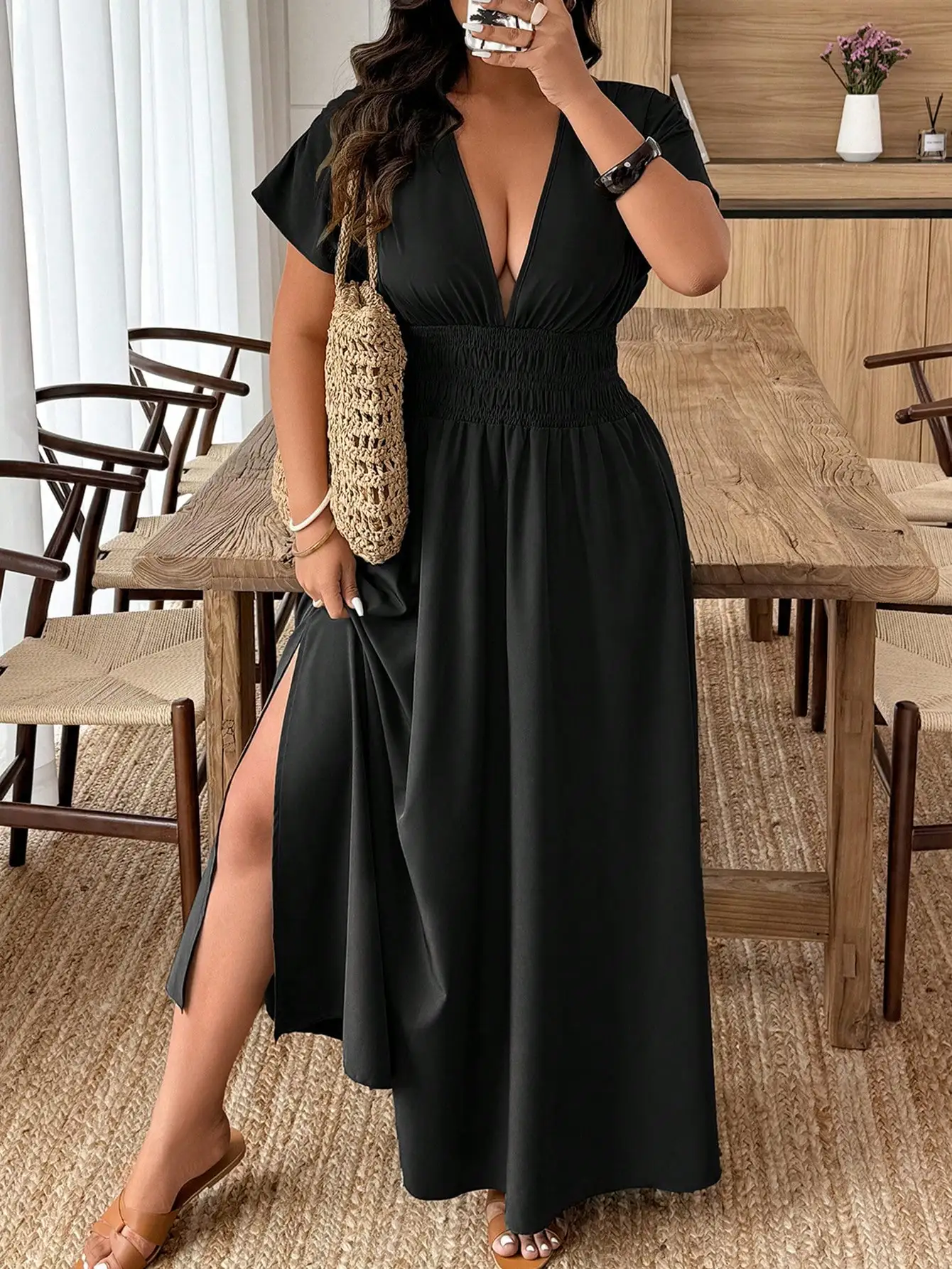 

Plus Size V-Neck Solid Short Sleeve Casual Maxi Dress For Summer