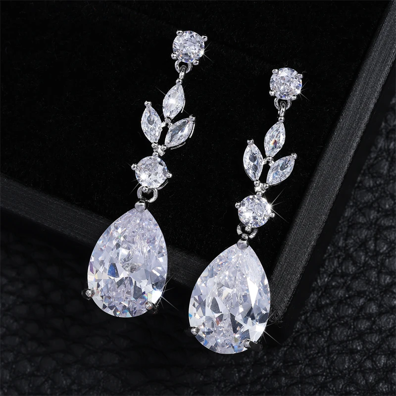 ZAKOL Fashion Water Drop AAA Cubic Zircon Leaf Dangle Earrings Shining Clear CZ Elegant Bridal Earring