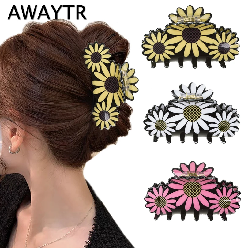 AWAYTR Hair Clip Daisy Acrylic Plastic Hair Claw For Women Girls Fashion Crab For Bathroom Hairpins Hair Clamps Hair Accessories