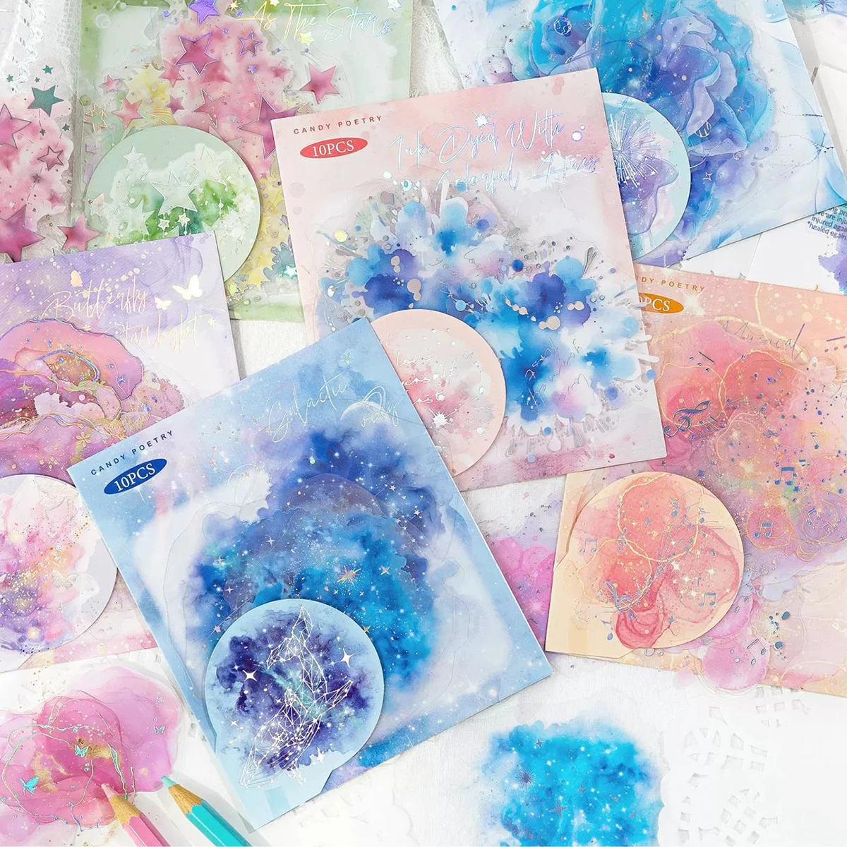 10 Pcs Colorful Series Decorative Sticker Watercolor Foil Stamping Collage Scrapbooking Label Diy Diary Journal Planner