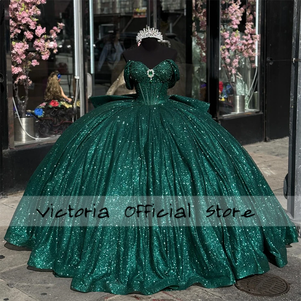 Vestidos De Quinceañera verde oscuro para niña De 15 años, Vestidos De princesa para fiesta De cumpleaños, sin hombros, 2024