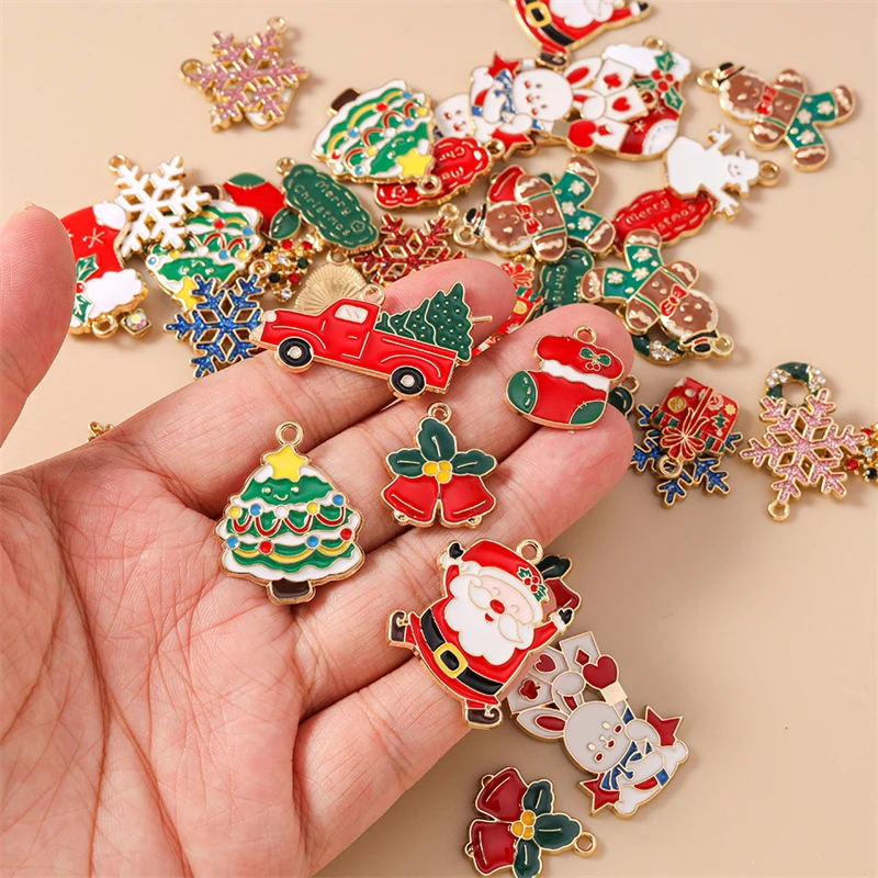 20pcs Mix Cute Enamel Christmas Snowflake Tree Bell Charms Pendants for Jewelry Making Necklaces Earrings DIY Crafts Accessories