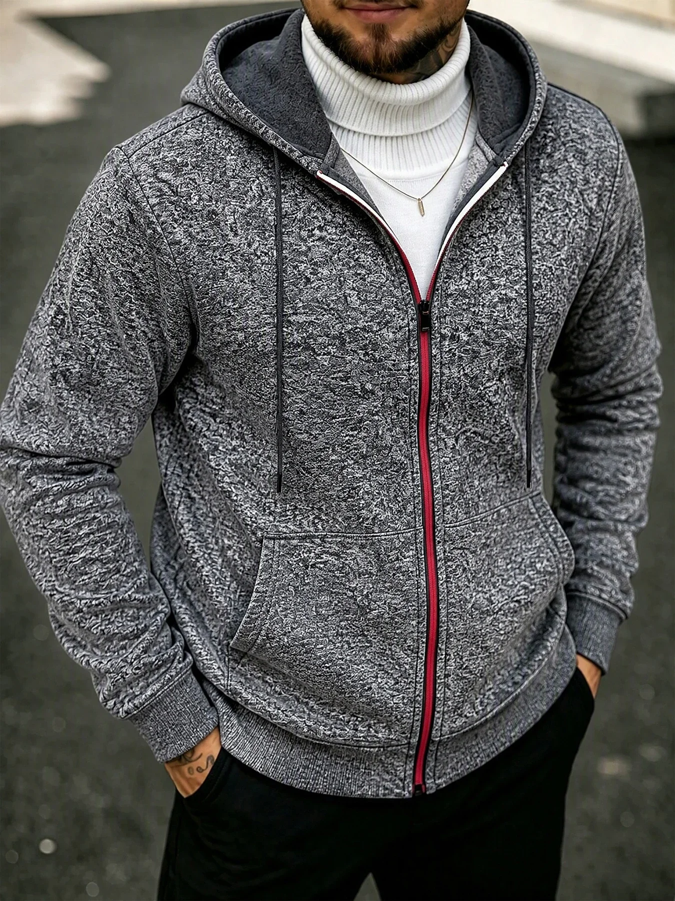 Men's Fleece Lined Hooded Jacket Full Zip Autumn And Winter Warm Casual Coat With Side Pockets Daily Wear