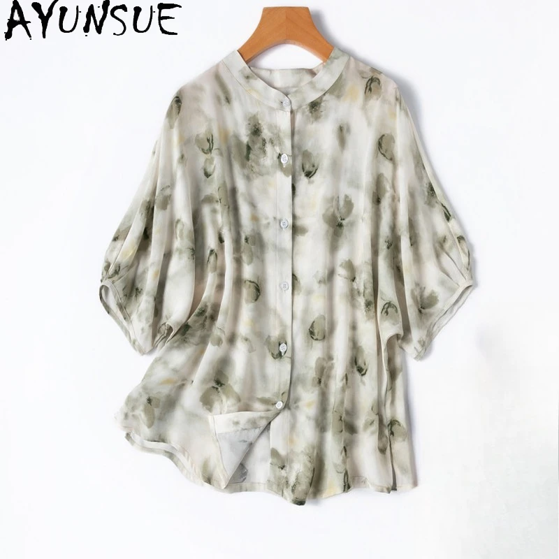 AYUNSUE 100% Silk Women's Blouses and Shirts Half Sleeve Tops for Woman Elegant Blouse Femme Loose Woman Clothes Рубашка Женская