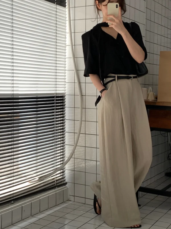 Korean Style Casual Loose High Waist Wide Leg Pants Breathable Transparent Drapey Comfortable Women's Long Trousers