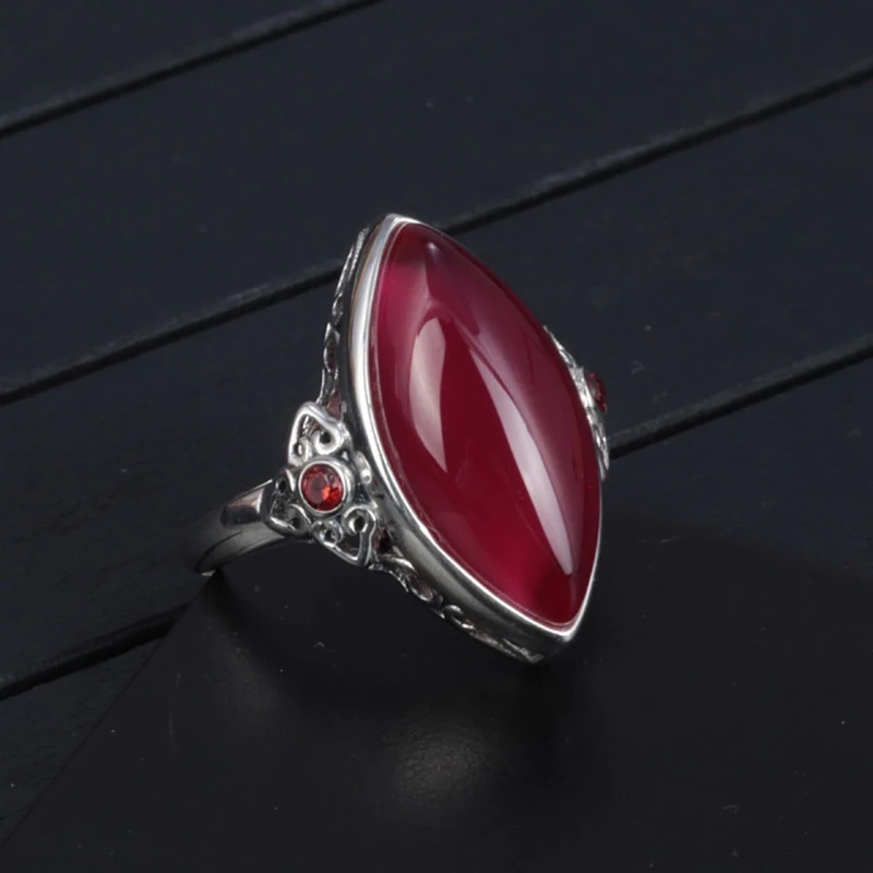 S925 silver inlaid natural red chalcedony Marquise shape rings for women retro ethnic style Wedding Jewelry adjustable