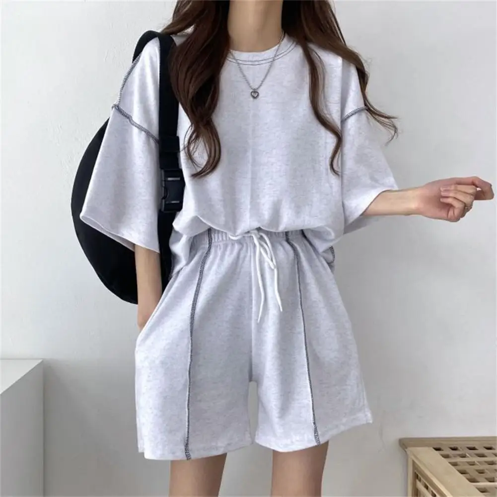 2 Pcs/Set Women Summer Tracksuit Top Drawstring High Elastic Waist Solid Color Shorts Sport Clothes Student Casual Female Outfit