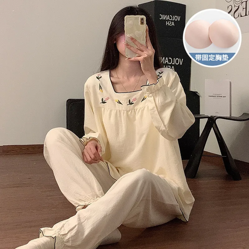 Spring Autumn Women Chinese-style Pajamas Chest Pads Long-sleeve Lace Loose Homewear Girls Students Casual Homewear Women Teen