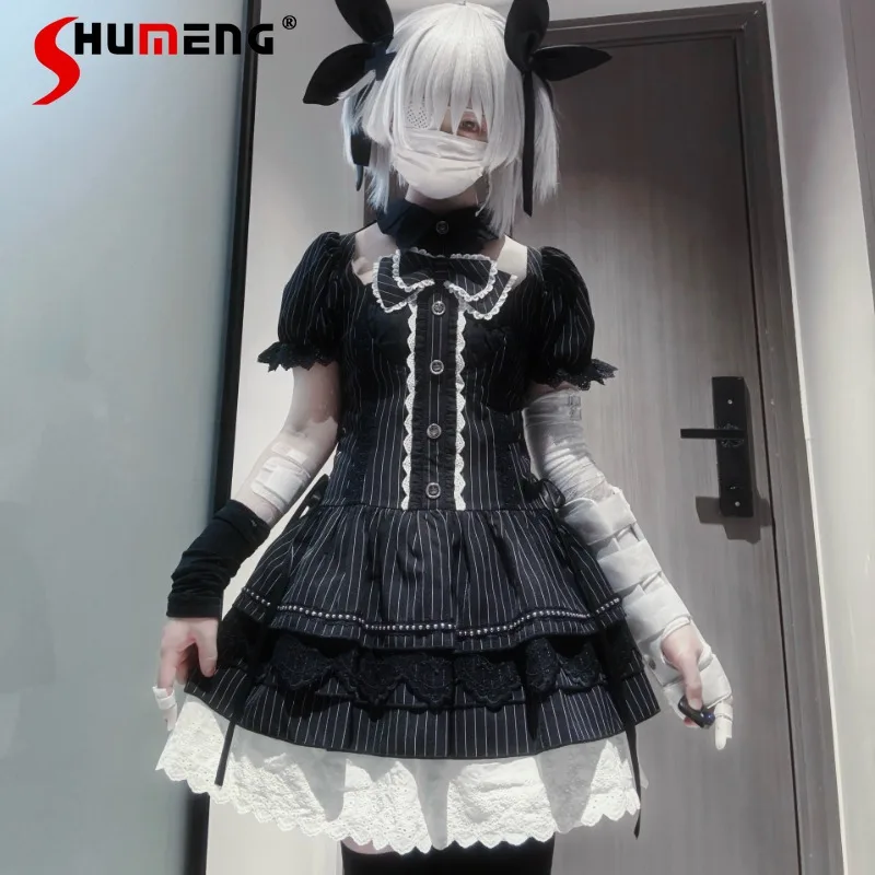 

Japanese Dark Black Style Original Design Single-breasted Vestidos Subculture Bat Collar Bow Waist Strap Bubble Sleeves Dress