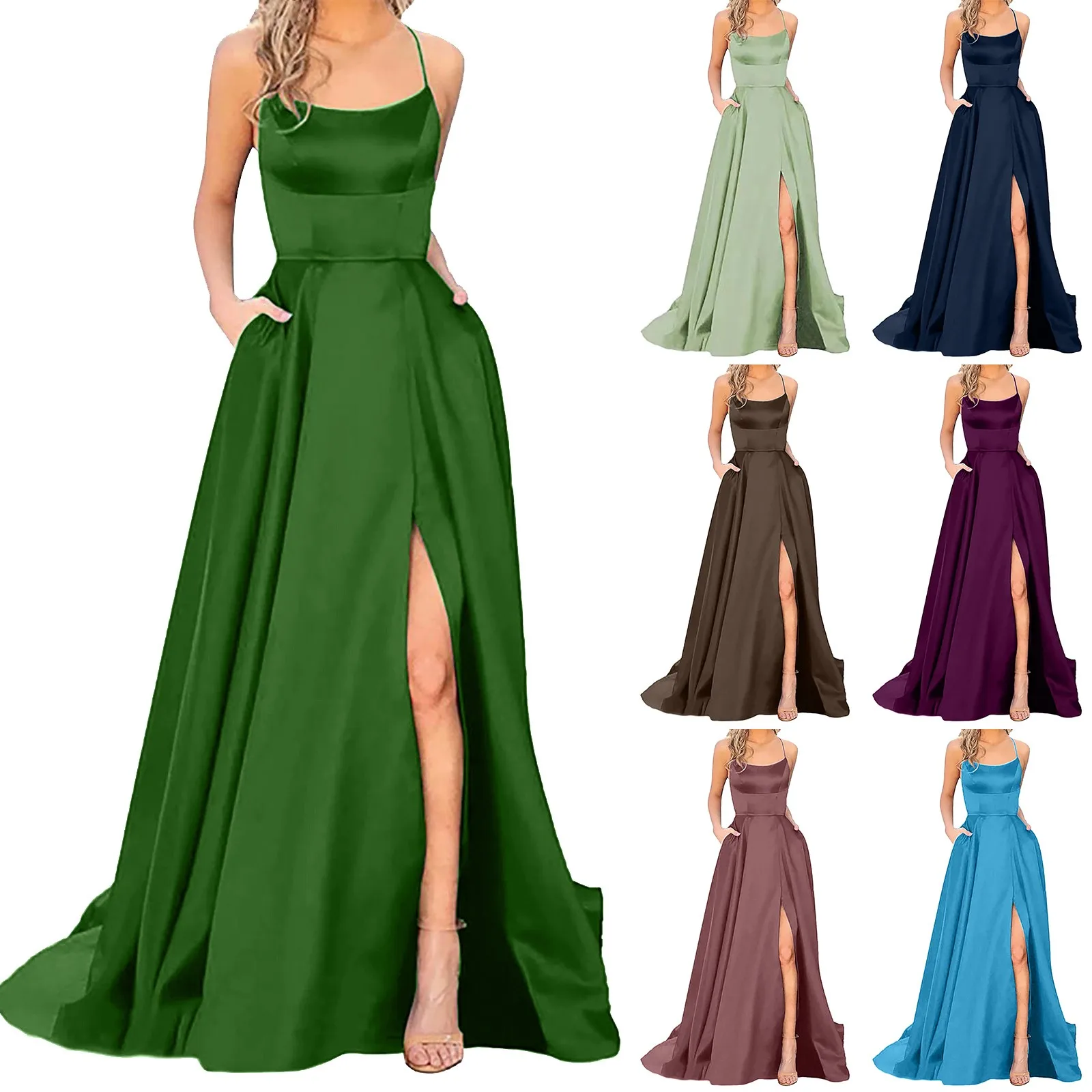 Elegant Gentle Mint Green Purple Wedding Dress Ladies Slim Fit Waist High Slits Satin Long Dress Evening Ball Gown For Women New