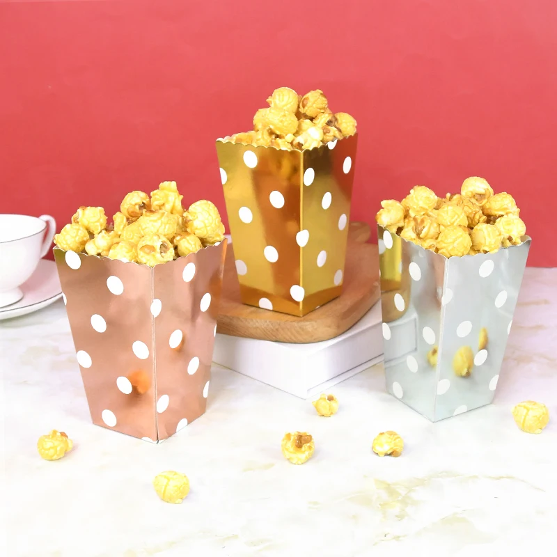 6/12Pcs Paper Popcorn Boxes Rose Gold Silver Stripes Dot Pop Corn Candy/ Sanck Favor Box Wedding Birthday Movie Party Tableware