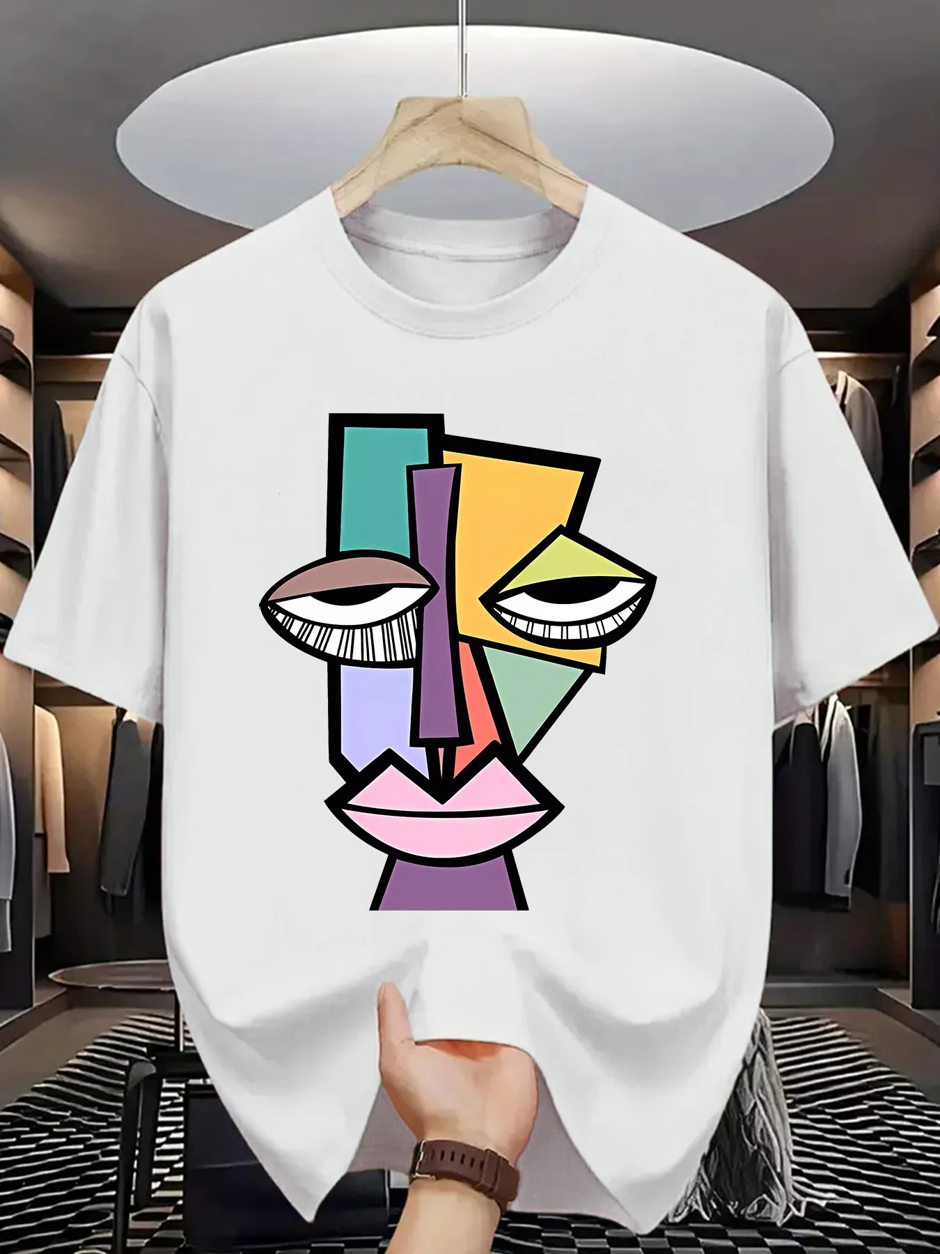 

Мужская летняя модная футболка с узором — повседневная с коротким рукавом, современное абстрактное лицо, можно стирать в машине, с буквенным принтом