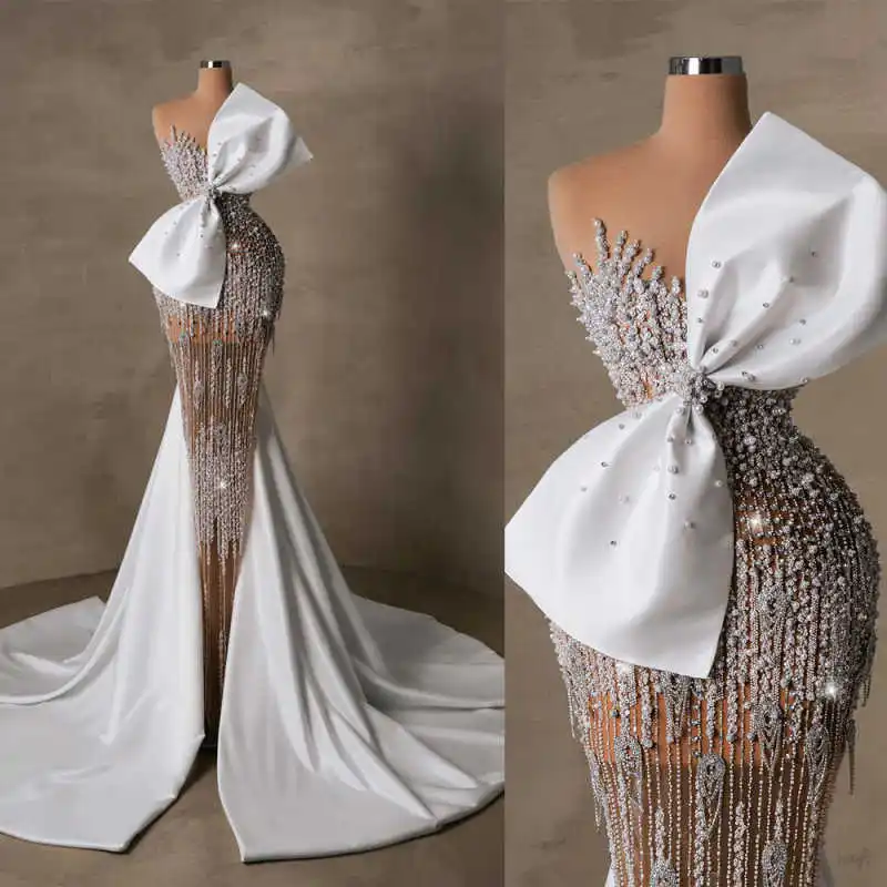 

Modern Mermaid Evening Dress O-Neck Prom Gowns Sexy 3D-Lace Beads Satin Bow Prom Dress Pearls vestidos de novia Size Customized