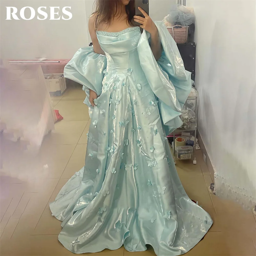 ROSES Mint Green Evening Gown Strapless Beading On Chest Prom Dress A Line Wedding Evening Dress robes de soirée Customized