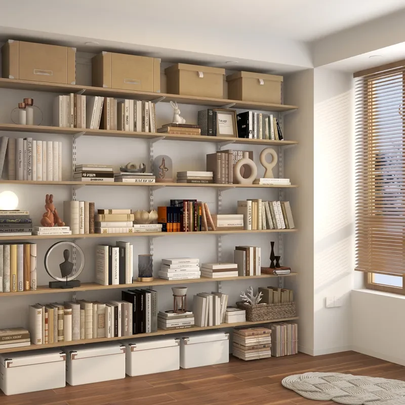 Large Wall-Mounted 2.0M Wood Bookshelf Adjustable Height Storage Durable Modern Minimalist Design for Home Office Warehouse