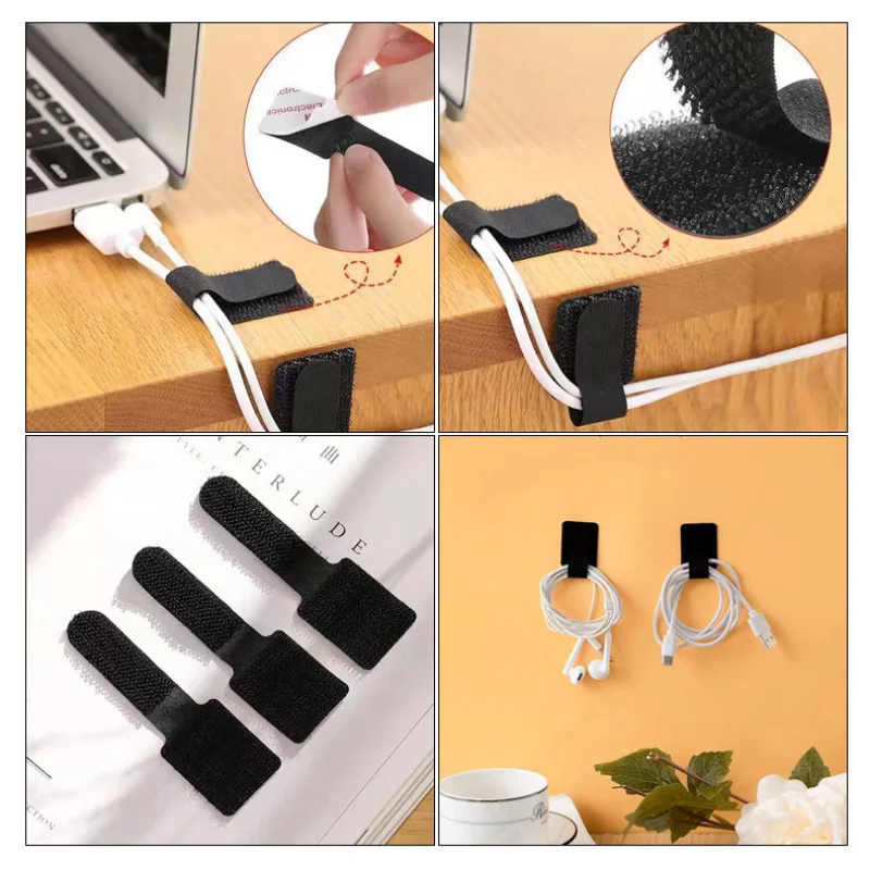 10pcs Data Cord Ties Nylon Hook Loop Self-adhesive Cable Organizer Desktop Tidy Wire Management Storage Strap Fastener Tape