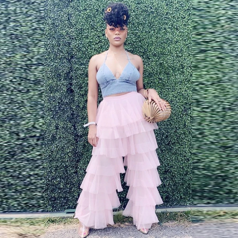 

Blush Pink Tiered Trousers Elastic High Waist Long Pants Girls Birthday Party Formal Wear