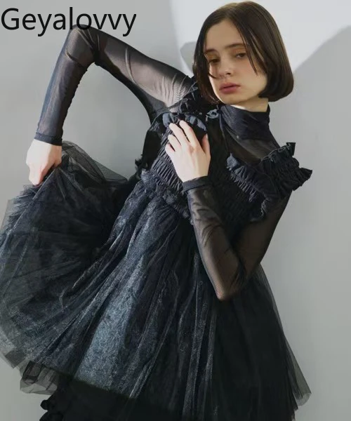 Estilo japonês nicho design senhora vestido elegante com bordas babados casual em camadas plissados pesados vestidos sem mangas femininos