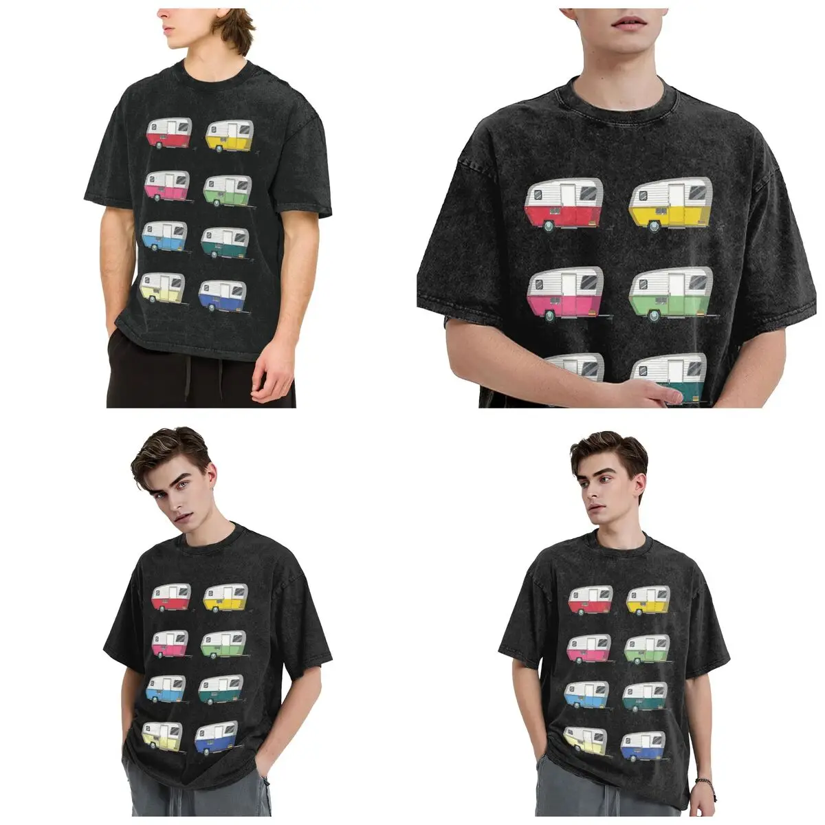 Colourful Vintage Eriba Puck Caravan Daisy Hip Hop Short Sleeve T-Shirts Washed Tops Tees Streetwear T Shirt Vintage Men Women