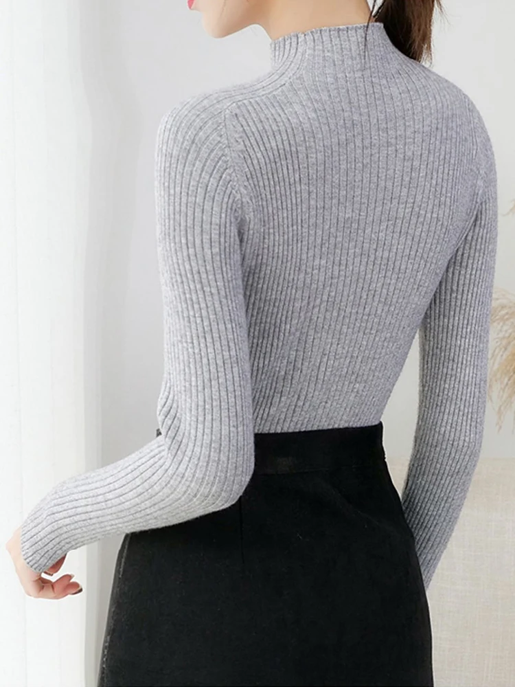 Women Ribbed Knitted Sweaters 2024 Autumn Winter Pullover Mock Neck Long Sleeve Slim Sweater Woman Solid Casual Knitwear Tops