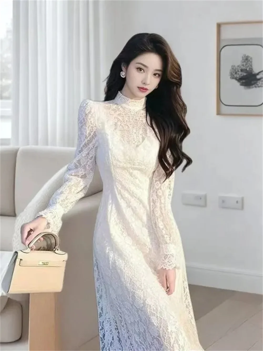 

High End White Semi High Neck Lace Dress For Women's Autumn Winter 2025 New Style With Light Luxury Waist Cinching Long Skirt