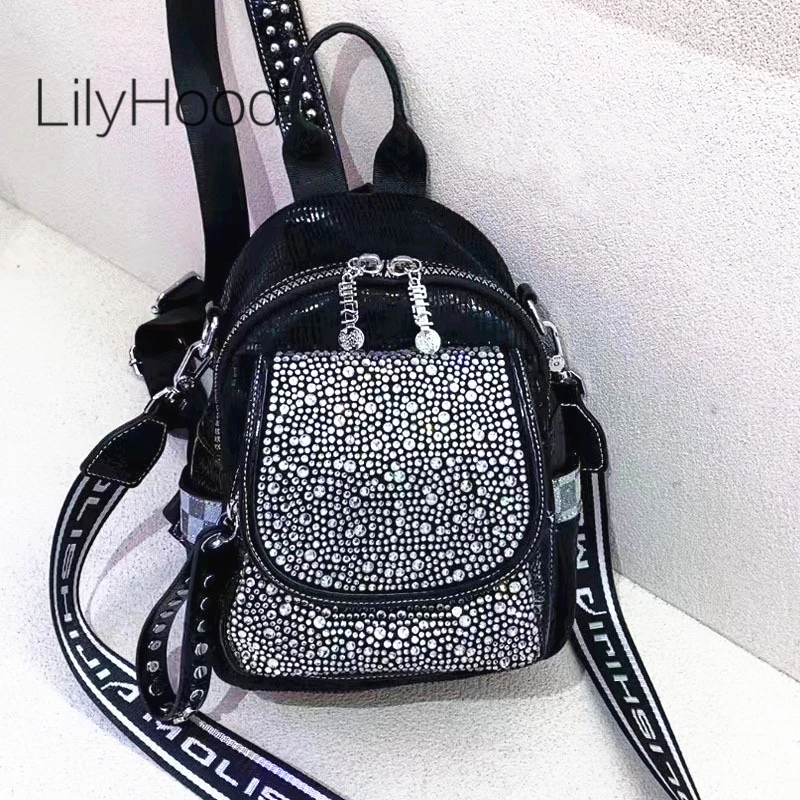 High Quality Female Fashion Artificial Leather Rhinestone Everyday Daypack Lady Travel Black Convertible Backpack Shoulder Bag