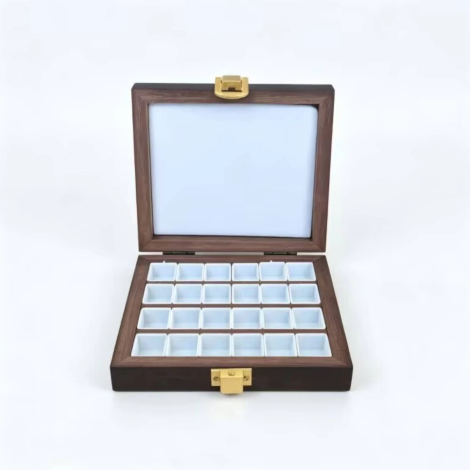 24-Compartment Box Square Compartments Wooden Storage Box Clear Lid Portable for Craft Room