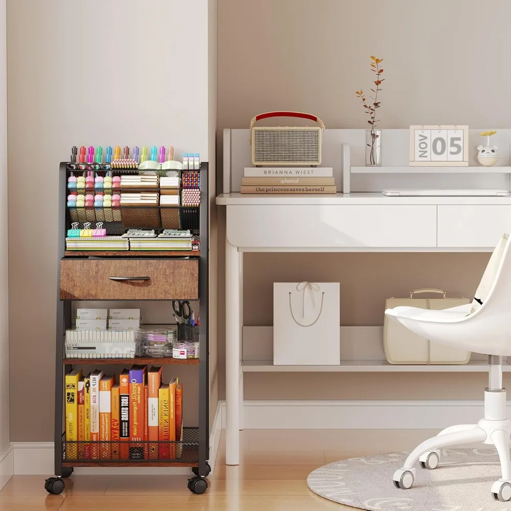 

3 Tier Rolling Cart - Metal Utility Cart with Storage Drawer and Wheels, Versatile Art & Craft Organizer for Home, Office