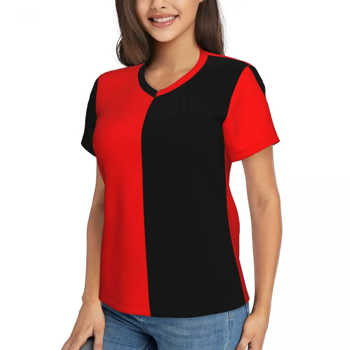 Two Tone T Shirts Red and Black V Neck Streetwear Oversize T-Shirt Short Sleeve Women Y2K Cool Tshirt Summer Design Clothing