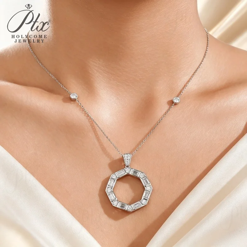 Moissanit-Halskette Baguette-Schliff 925 Sterling Silber Achteckiger Kreisanhänger Hohlkreiskette Luxus-Schmuck Geschenk für Frauen – Detail 9