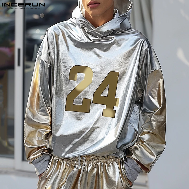 INCERUN Mens Hoodies 2024 Year Autumn New Long Sleeve Letter Printed Hooded Jersey Silver Shinny Fashionable Pullover Sweatshirt